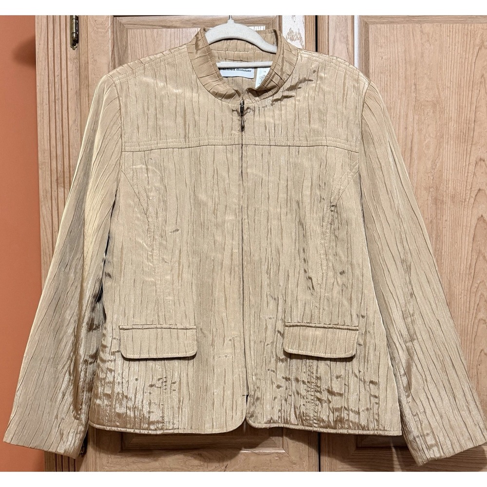 Alfred Dunner Textured Crinkle Jacket Blazer‎ Women's 14 Gold Front Zip Evening